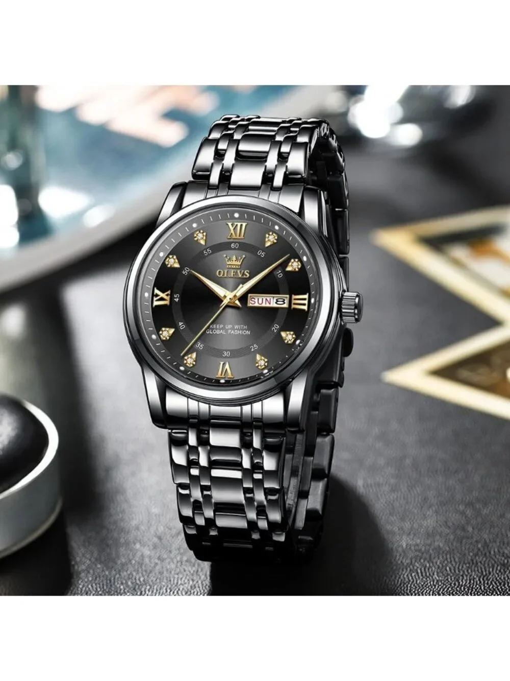 Men's All Black Quartz Stainless Steel Waterproof Luminous Luxury Wooden Watch